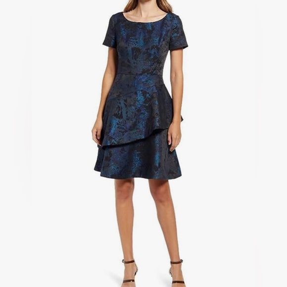 SHANI Dresses & Skirts - Shani Asymmetric Tiered Jacquard Dress in Blue size 2